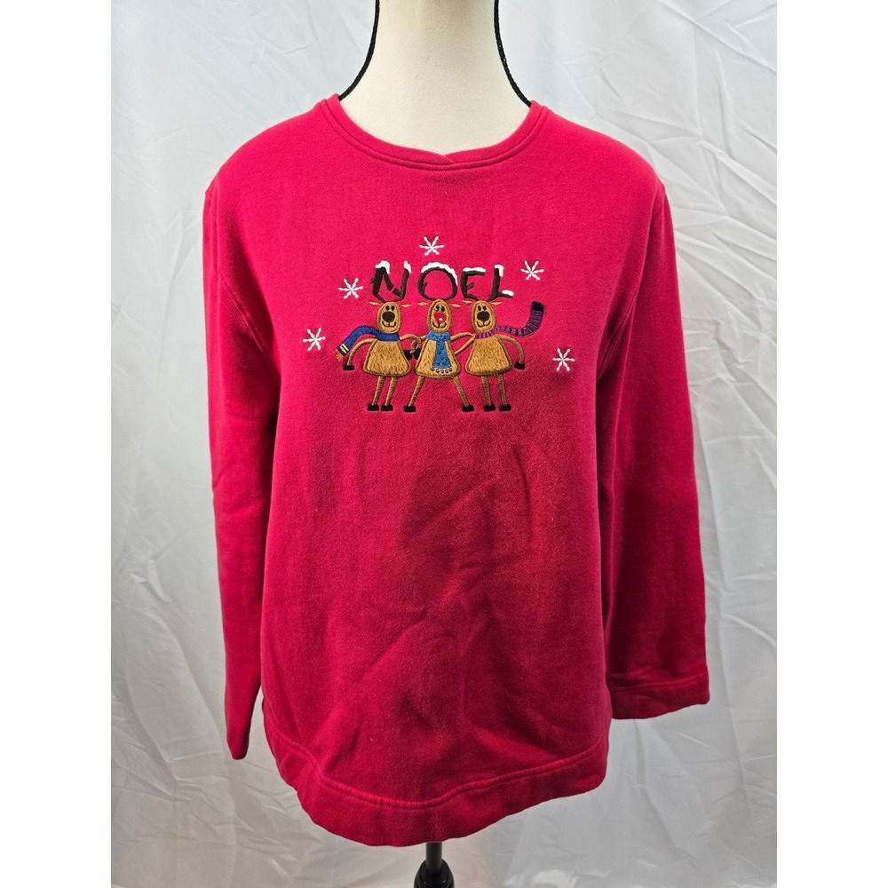 Bechamel Womens Red Embroidered Reindeer Noel Christmas Sweatshirt Size L